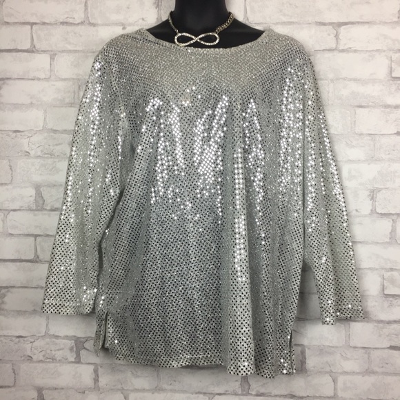 Romans Silver Long Sleeve Blouse Size 2X - Picture 1 of 5